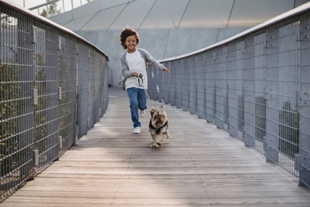 happy ethnic boy running on bridge with cute dog
